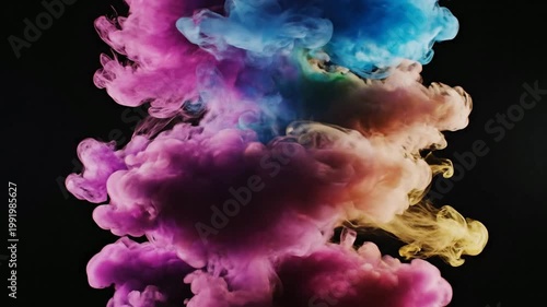 Colorful cloud explosion abstract smoke forms against black background