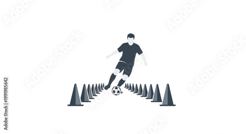 Soccer player training with cones on field.