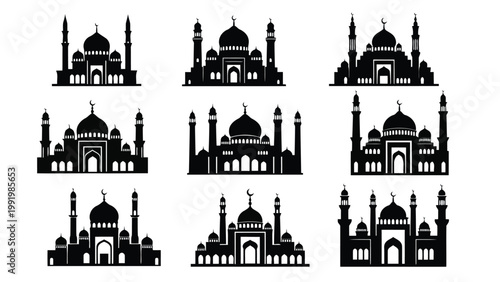 Collection of stylized silhouettes of iconic architectural landmarks featuring domes and minarets