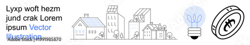 Renewable energy, eco-housing, green living, sustainability, smart technology, and environmental conservation. houses with solar panels, lightbulb with plant coin with renewable symbol. Renewable
