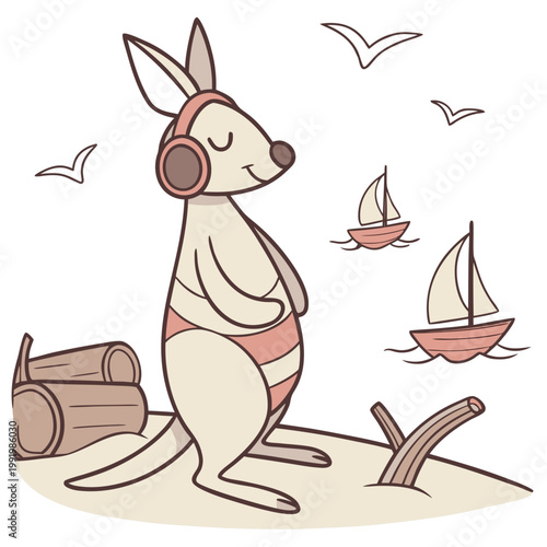 Delightful Content Kangaroo in a Beach day scene with wearing headphones – Ocean Breeze vector illustration