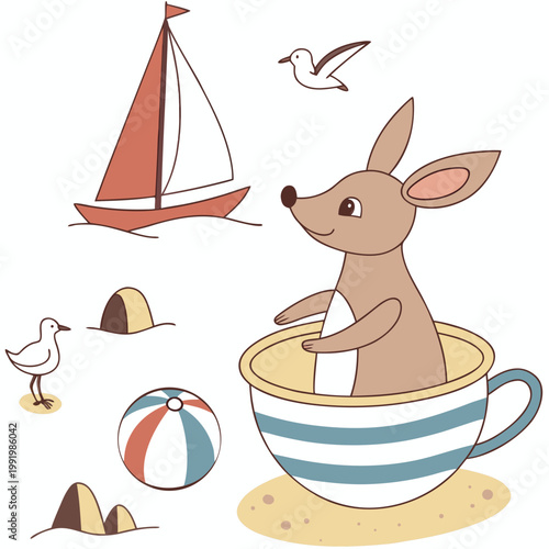 Creative SVG: Content Kangaroo with sitting in a teacup ride in a Ocean Breeze colored Beach day theme