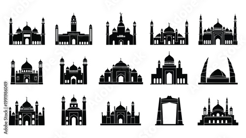 Silhouettes of iconic architectural landmarks from around the world in black and white