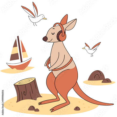 Ocean Breeze colored Kangaroo with a Excited touch, placed in a Beach day theme and styled with wearing headphones