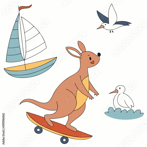 Delightful Bashful Kangaroo in a Beach day scene with riding a skateboard – Ocean Breeze vector illustration