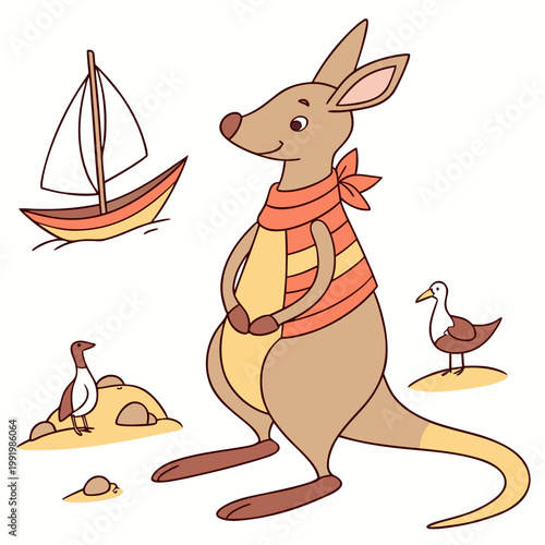 Cute Funny Kangaroo, accessorized with with a scarf, in a Beach day world – Ocean Breeze palette vector