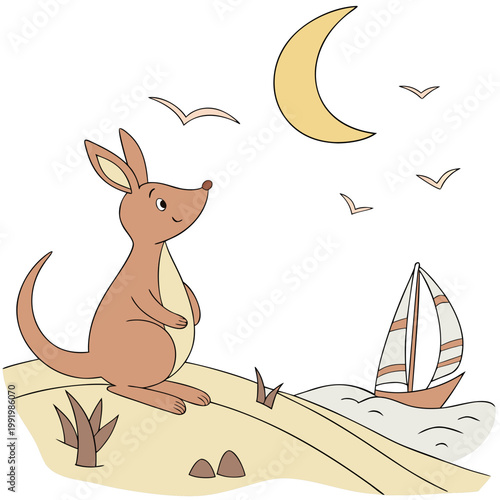 Delightful Cheerful Kangaroo in a Beach day scene with sitting on a moon – Ocean Breeze vector illustration