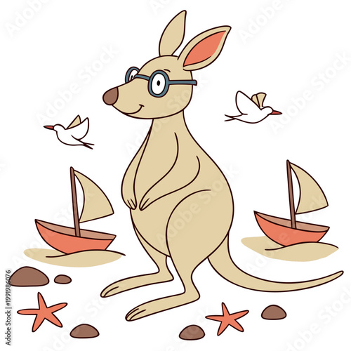 Cute SVG of a Bashful Kangaroo in Ocean Breeze colors, featuring wearing glasses in a Beach day setting