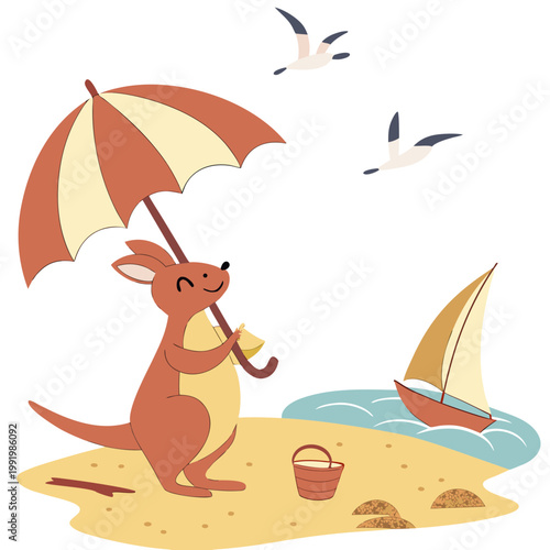 Creative SVG: Joyful Kangaroo with under an umbrella in a Ocean Breeze colored Beach day theme