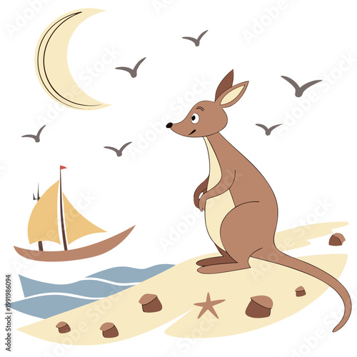 Delightful Amused Kangaroo in a Beach day scene with sitting on a moon – Ocean Breeze vector illustration