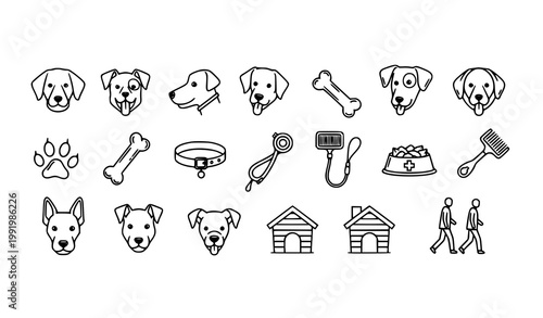 Dog related black icon set with pet care and canine symbols high quality outline vector collection isolated on white background
