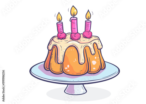 Cute illustrated birthday cake with dripping icing, three lit candles, and cherry decorations on a stand. Bright and playful design perfect for celebrations, parties, and greeting cards.