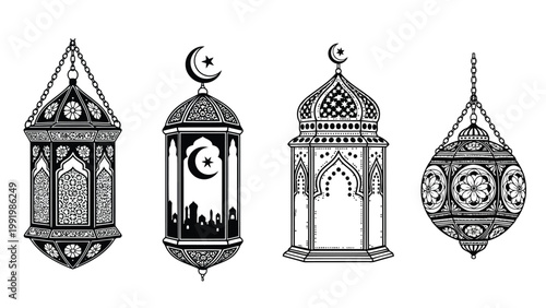 Elegant traditional lanterns with intricate designs and crescent moon motifs