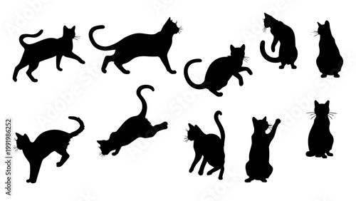 Collection of black cat silhouettes showing different movements like jumping, stalking, and playing. Ideal for design projects, pet themes, and decorative graphics
