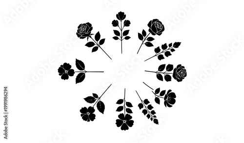 Black floral silhouette collection in circular mandala layout elegant botanical flower vector set isolated on white