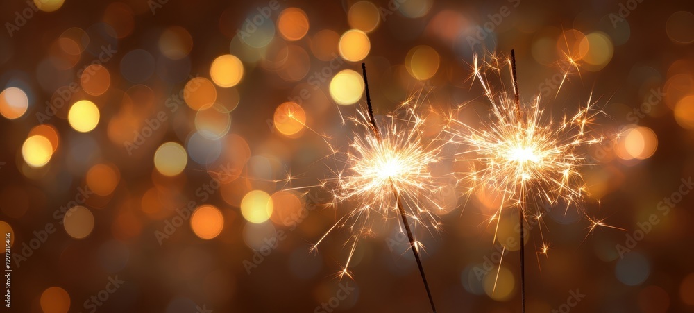 Fototapeta premium The Sparklers Lighting Festive Golden Sparks Against Soft Bokeh Background For Celebration