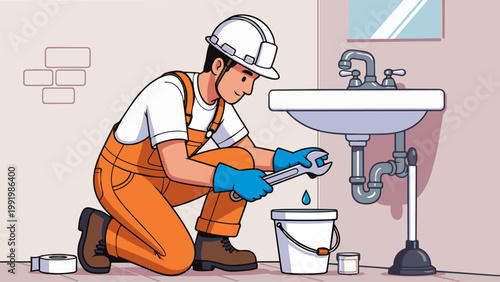 Illustration of a plumber in safety gear repairing a leaking pipe under a sink using a wrench. Water drips into a bucket, highlighting maintenance, home repair, and plumbing services