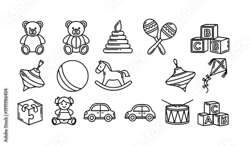 Classic childhood toy line icon set with bear train stacker and maracas playful vector collection isolated on white