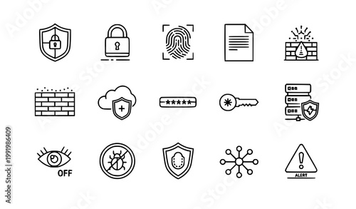 Cybersecurity and data protection line icon set with security shield lock and privacy symbols vector collection isolated on white