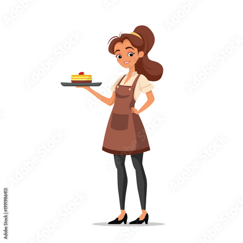 Cheerful waitress in apron holding a plated slice of cake. Friendly service concept ideal for cafes, bakeries, hospitality, and food service promotions.