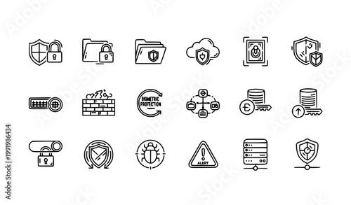 Cybersecurity and digital protection line icon set with data privacy and network security symbols vector collection isolated on white