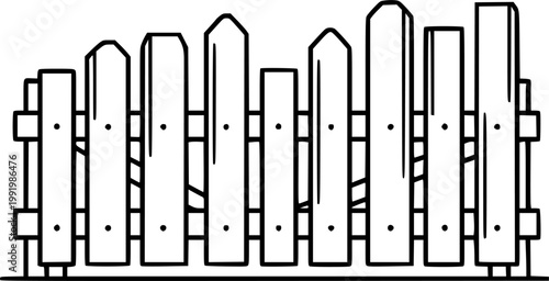Wooden garden boundary and yard barrier symbol for outdoor property security and rural farm construction featuring a simple black line art plank fence pictogram – Black Vector Illustration