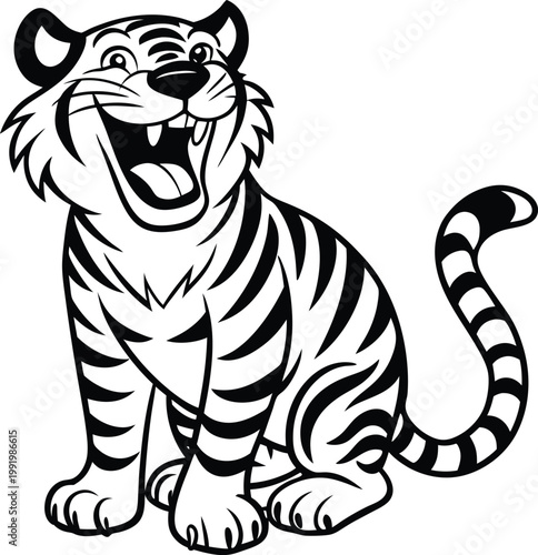 Cheerful Cartoon Tiger Character Sitting Happily, Ready for Playful Adventures and Fun Times
