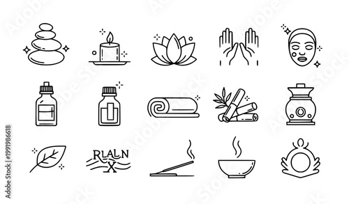 Spa treatment line icon set with wellness massage stones candles lotus and aromatherapy symbols vector collection isolated on white
