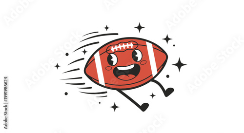 Cartoon football with happy face running fast.