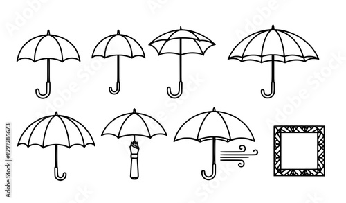 Black umbrella icon set with different designs and perspectives weather protection vector collection isolated on white
