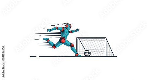Soccer player kicking ball into goal.