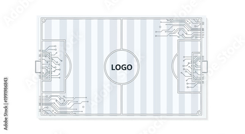 A gray and white striped placemat with a logo.