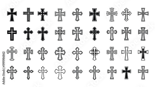 A collection of diverse cross symbols and variations in monochrome design
