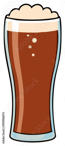 Refreshing dark beer with frothy head in a tall glass with bubbles