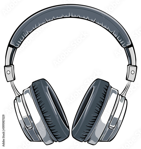 Stylish grayscale vector illustration of modern over ear headphones for music and audio