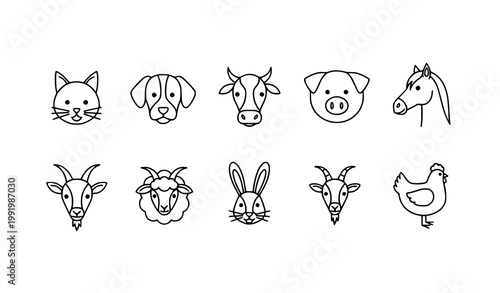 Farm and domestic animal line icon set with cat dog pig horse and more minimal black and white vector collection isolated on white