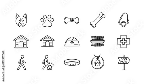 Dog related line icon set with pet care accessories and canine symbols minimal black and white vector collection isolated on white