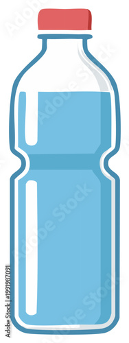 Water bottle illustration in clear plastic with a red lid and blue liquid for hydration