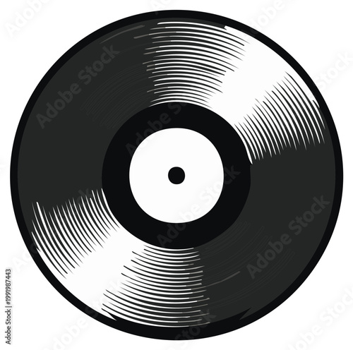 Vintage vinyl record with audio grooves and center label isolated on white background