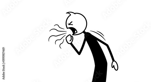A stick figure person is shown coughing or sneezing forcefully, with lines indicating expelled breath or particles.