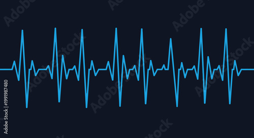 Vibrant blue electrocardiogram heartbeat line on a dark background, illustrating medical data or sound wave patterns.