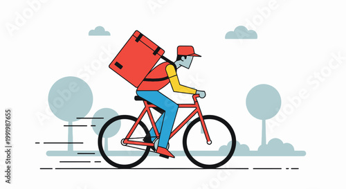 Flat illustration of a delivery person riding a bicycle with a large red backpack, moving quickly through a stylized urban environment.