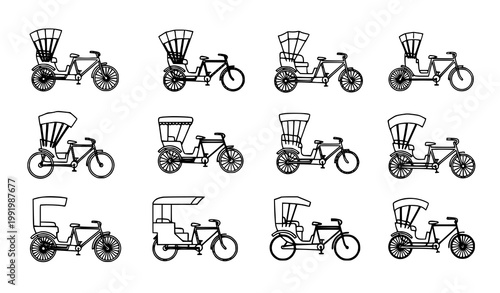 Rickshaw icon collection vector with traditional three wheeled taxi and hand cart transport symbols isolated on white background