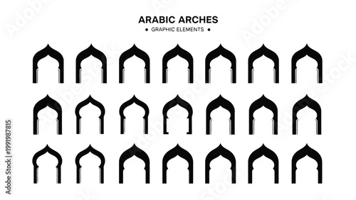 Collection of various traditional arabic architectural arches in black and white design
