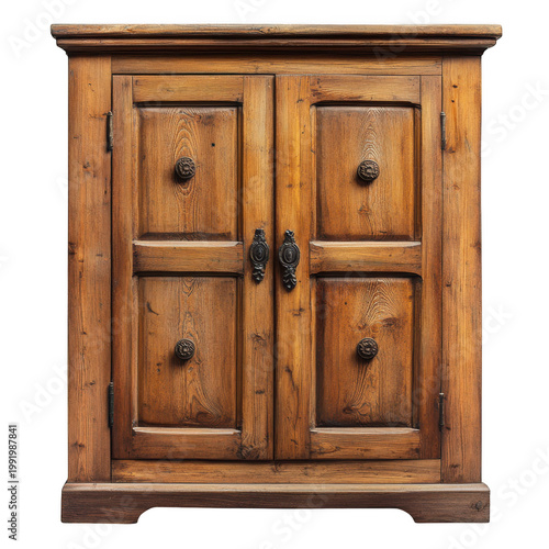 rustic wooden cabinet with double doors and iron handles isolated on transparent background
