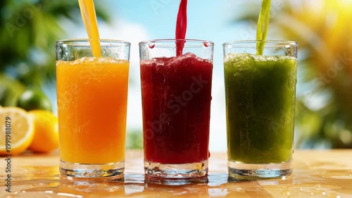 Colorful juices pouring and splashing in glassware with natural light