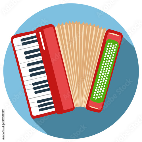 Vibrant Red Accordion Icon with Long Shadow Flat Design Musical Instrument