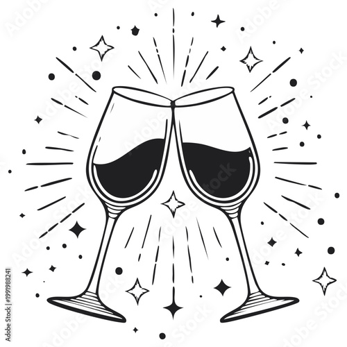 Two wine glasses clinking with starburst illustration