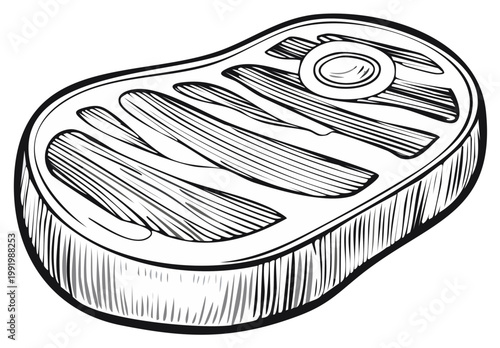 Grilling steak outline illustration, black and white food design.