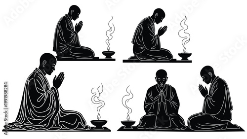 Meditation and prayer scenes in traditional monastic attire